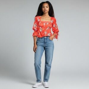 Free People Red  Floral Cinch‎ Waist Cherish The Light Blouse Size Large